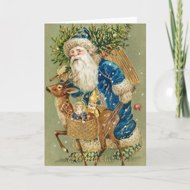 Merry Christmas, Antique Card, Santa and Reindeer Karte (Vorderseite)