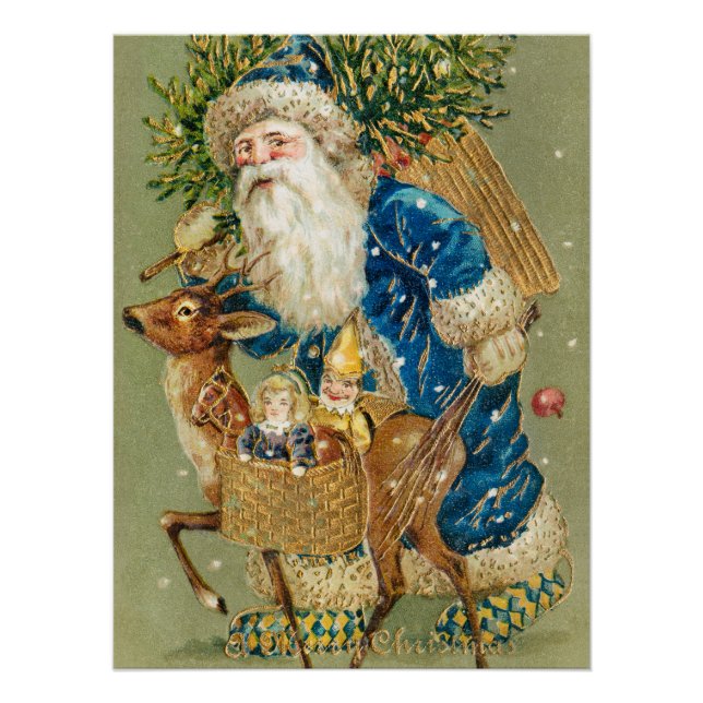 Merry Christmas, Antique Card, Santa and Reindeer Poster (Vorderseite)