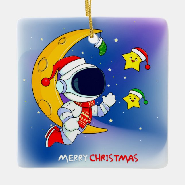 Merry Christmas Astronaut and the Moon Keramikornament (Vorderseite)