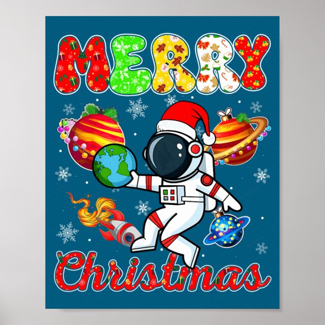 Merry Christmas Astronaut Santa Hat Snowflakes Tre Poster (Vorne)