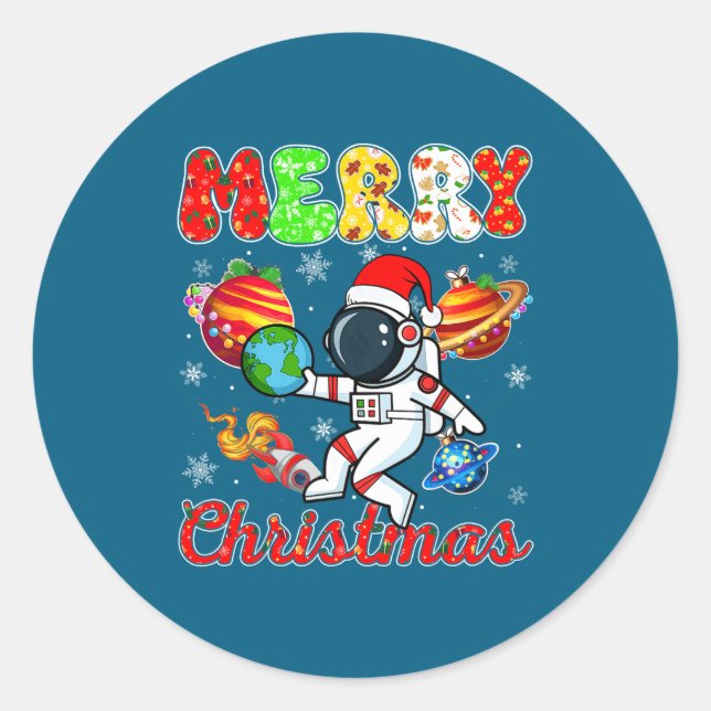 Merry Christmas Astronaut Santa Hat Snowflakes Tre Runder Aufkleber (Vorderseite)