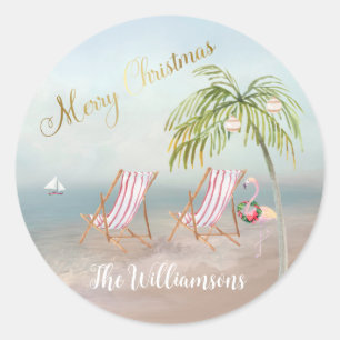 Merry Christmas Beach Flamingo Wreath einzigartig Runder Aufkleber