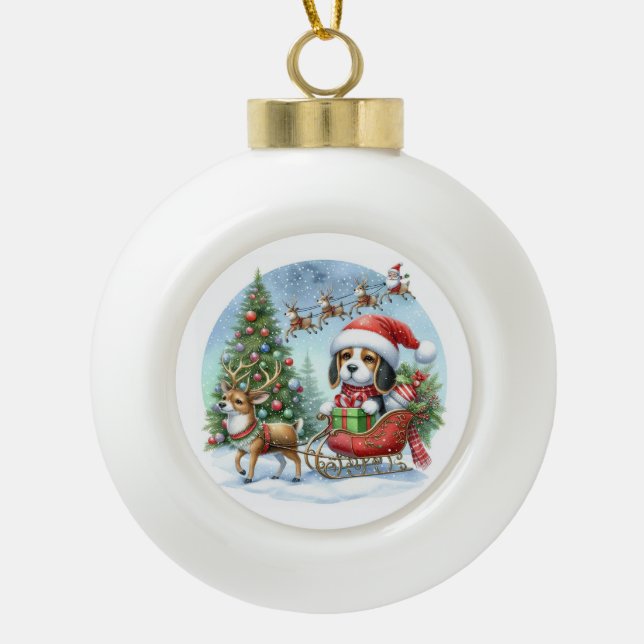 MERRY CHRISTMAS BEAGLE KERAMIK Kugel-Ornament (Vorderseite)
