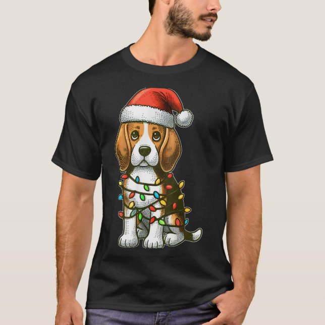 Merry Christmas Beagle Santa Christmas Lights Dog  T-Shirt (Vorderseite)