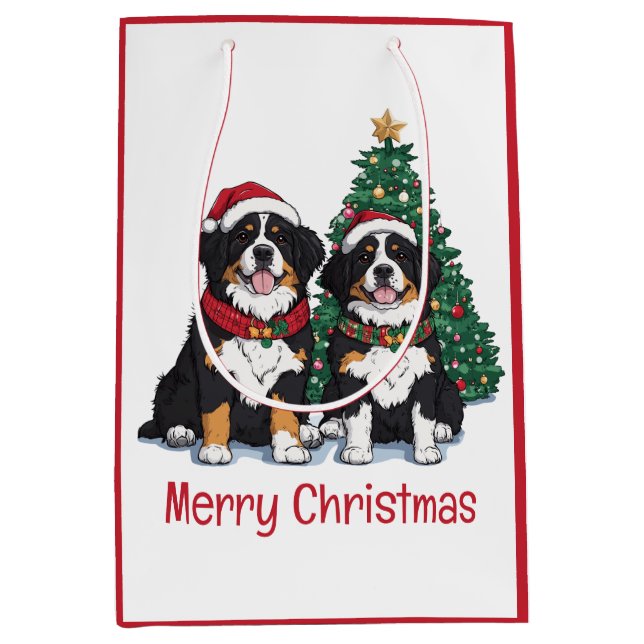 Merry Christmas Bernese Mountain Dogs Mittlere Geschenktüte (Vorderseite)