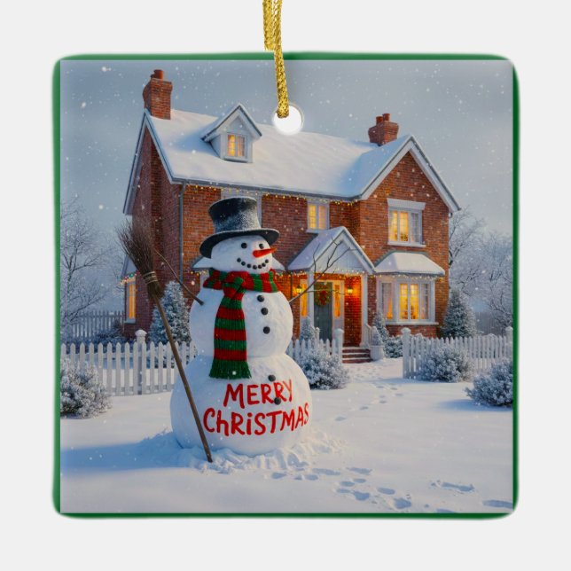 MERRY CHRISTMAS BIG SNOWMAN WINTER SCENE KERAMIKORNAMENT (Vorderseite)