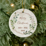Merry Christmas Birch Eucalyptus Copper Foto Keramik Ornament<br><div class="desc">Send your love this year with this warm,  earthy Christmas ornament featuring your foto on the back,  a birch bark background and eucalyptus greenery wreath,  and your personal holiday greetings. Copyright Elegant Invites,  all rights reserved.</div>
