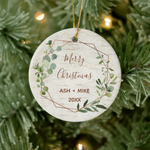 Merry Christmas Birch Eucalyptus Copper Foto Keramik Ornament
