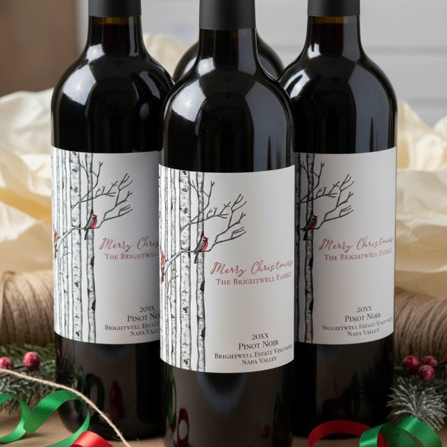 Merry Christmas Birch Trees and Red Cardinal Birds Weinetikett (Simple Hand Drawn Rustic Cardinal Birds in Birch Tree Forest Merry Christmas Wine Label Xmas Gift)