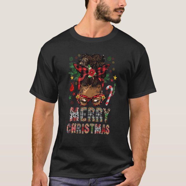 Merry Christmas Black Girl Messy Bun Leopard Plaid T-Shirt (Vorderseite)