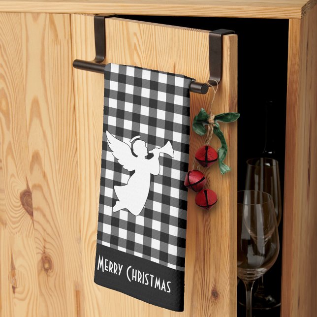 Merry Christmas Black & White Buffalo Plaid Angel Geschirrtuch (Von Creator hochgeladen)