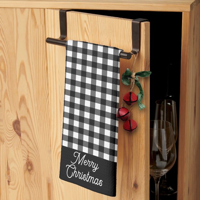 Merry Christmas Black & White Buffalo Plaid Geschirrtuch (Von Creator hochgeladen)