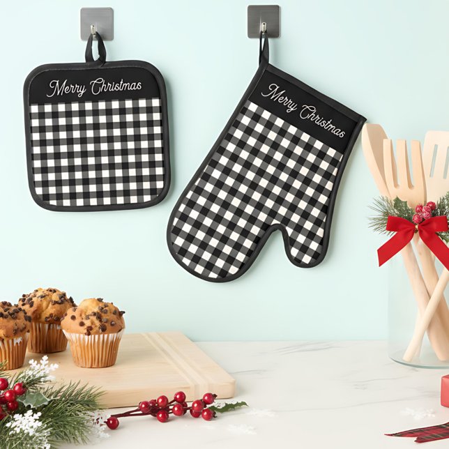 Merry Christmas Black & White Buffalo Plaid Ofenhandschuh & Topflappen-Set (Von Creator hochgeladen)
