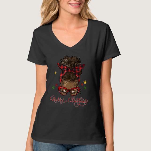 Merry Christmas Black Women Messy Bun Red Plaid T-Shirt (Vorderseite)