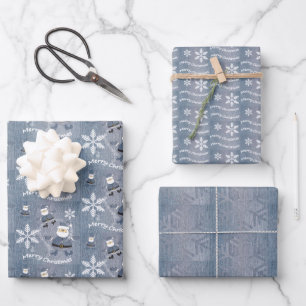 Merry Christmas Blue Denim Jeans Pattern Geschenkpapier Set