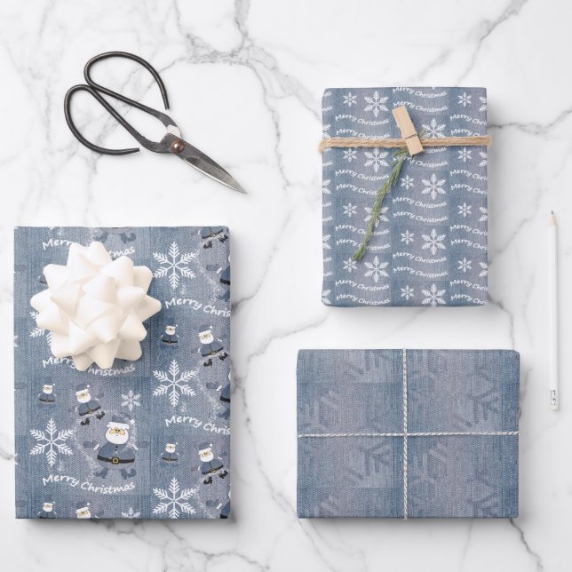 Merry Christmas Blue Denim Jeans Pattern Geschenkpapier Set (Vorderseite)