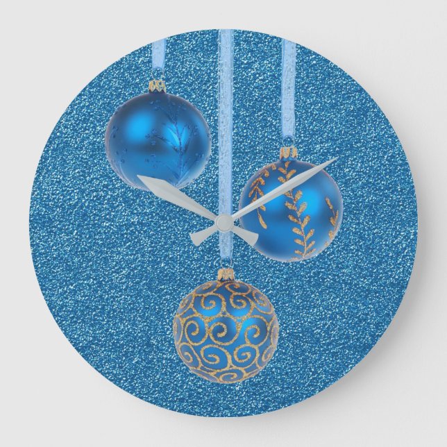Merry Christmas Blue Glitzer Baubles Elegante Große Wanduhr (Vorderseite)