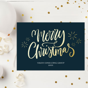 Merry Christmas Blue Gold Calligraphy Business Folien Feiertagskarte
