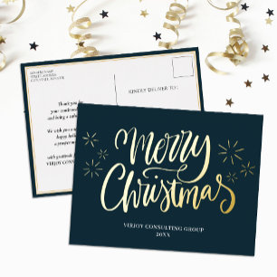 Merry Christmas Blue Gold Calligraphy Business Folien Feiertagspostkarte