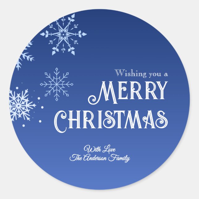 Merry Christmas Blue Modern Snowflake Runder Aufkleber (Vorderseite)