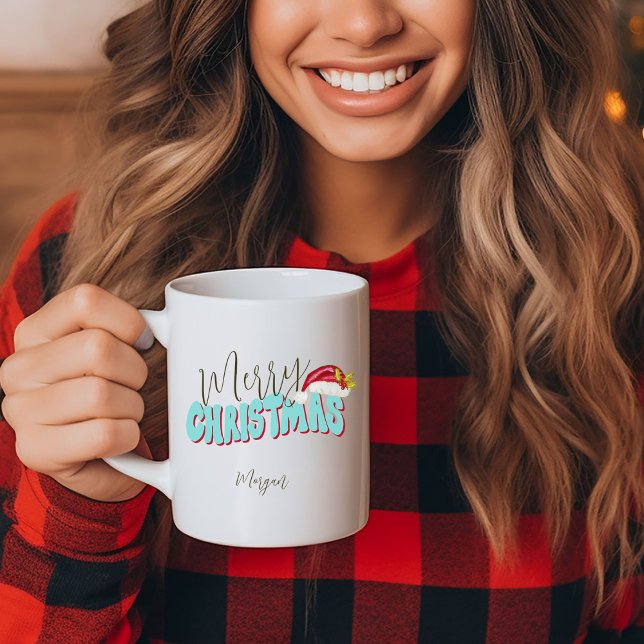 Merry Christmas Blue Red Festive Retro Add Name Kaffeetasse (Fun retro inspired Merry Christmas mug, personalized with your name original art by Malissa Melrose)