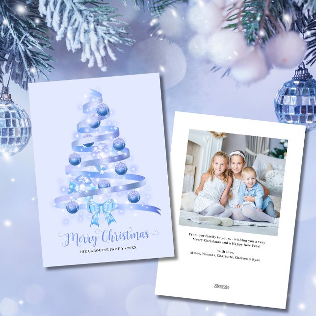 Merry Christmas Blue Ribbon Tree Foto Feiertagskarte (Merry Christmas Blue Ribbon Tree Photo Holiday Card)