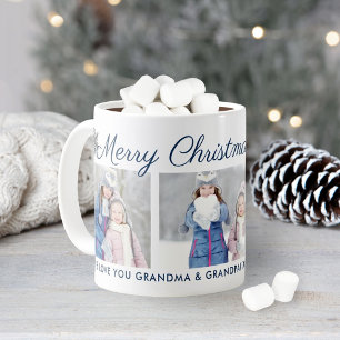 Merry Christmas Blue Script Custom Foto Collage Tasse