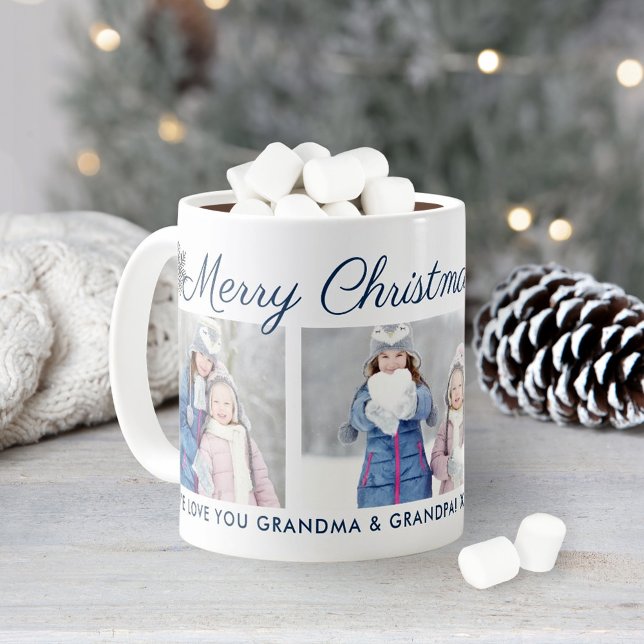 Merry Christmas Blue Script Custom Foto Collage Tasse (Von Creator hochgeladen)