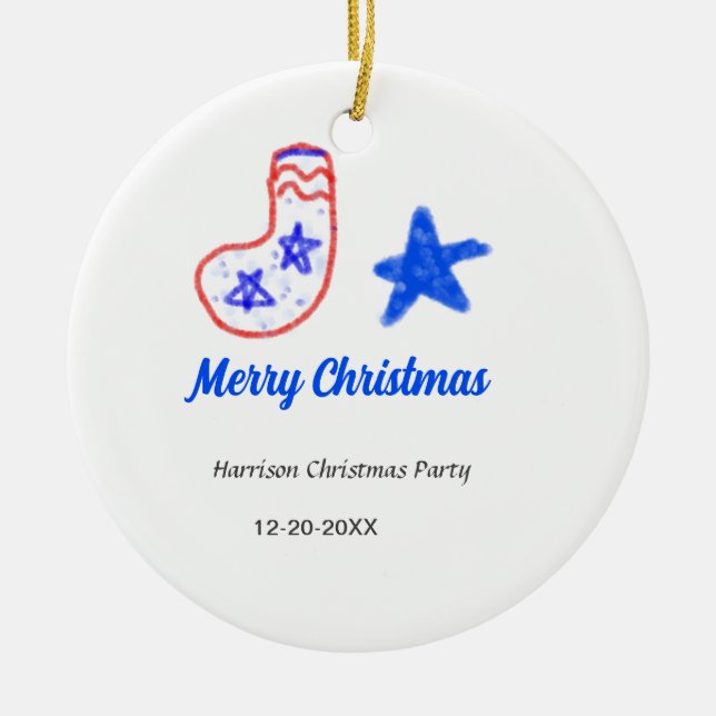 Merry Christmas blue star red stockings name date  Keramik Ornament (Vorne)