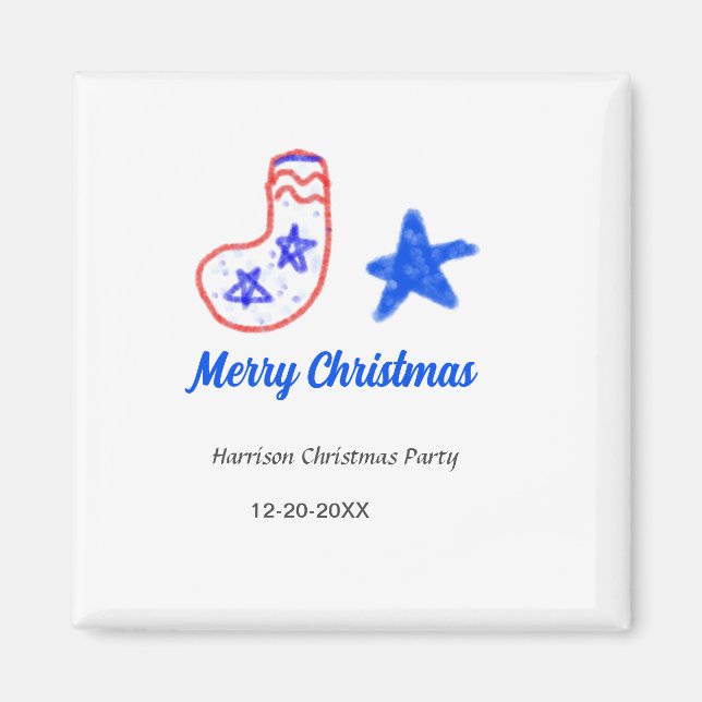 Merry Christmas blue star red stockings name date  Magnet (Vorne)