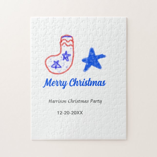Merry Christmas blue star red stockings name date  Puzzle (Vertikal)