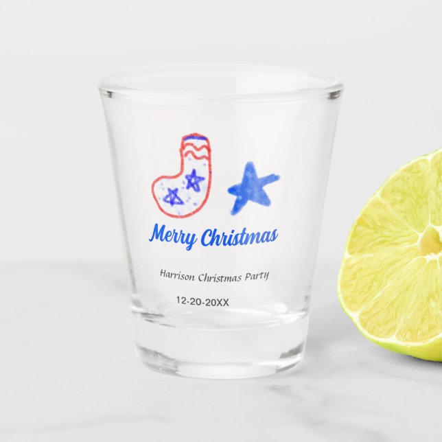 Merry Christmas blue star red stockings name date  Schnapsglas (Vorderseite)