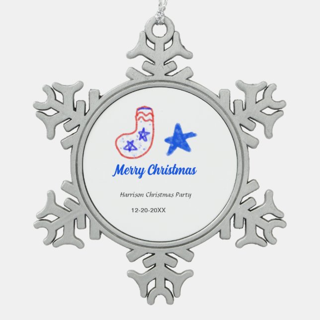 Merry Christmas blue star red stockings name date  Schneeflocken Zinn-Ornament (Vorderseite)