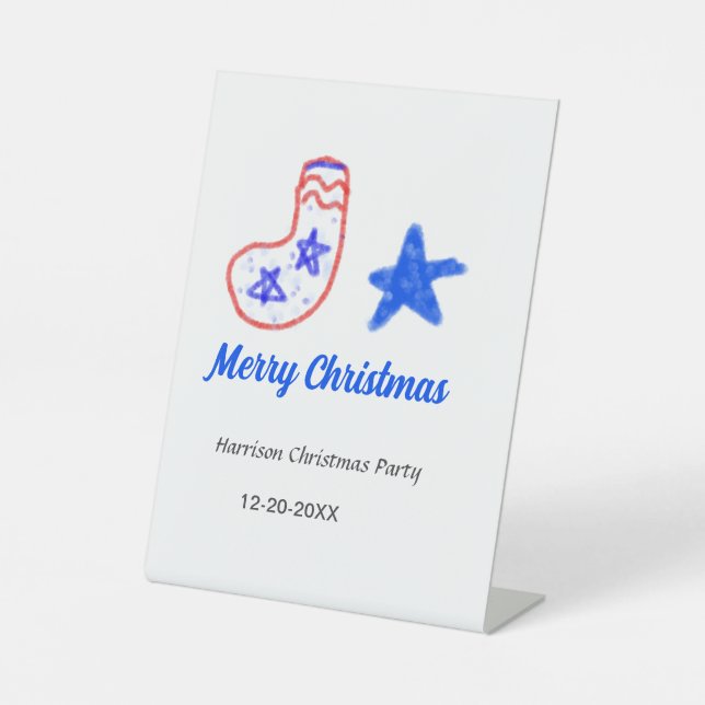 Merry Christmas blue star red stockings name date  Sockelschild (Vorderseite)