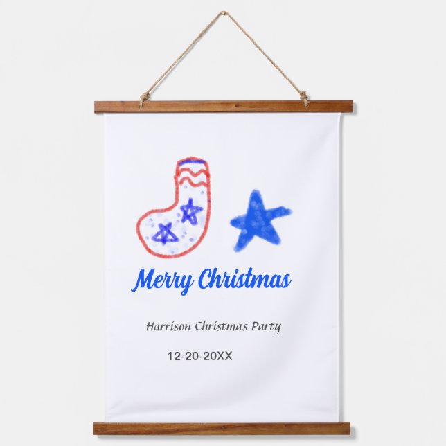 Merry Christmas blue star red stockings name date  Wandteppich Mit Holzrahmen (Vorderseite)