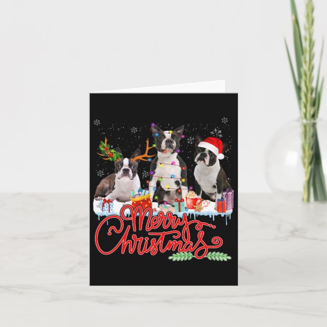 Merry Christmas Boston Terrier Santa Reindeer Ligh Karte (Vorderseite)