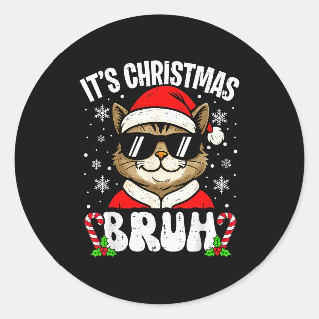 Merry Christmas Bruh Funny Cat Kitten Xmas Men Boy Runder Aufkleber (Vorderseite)