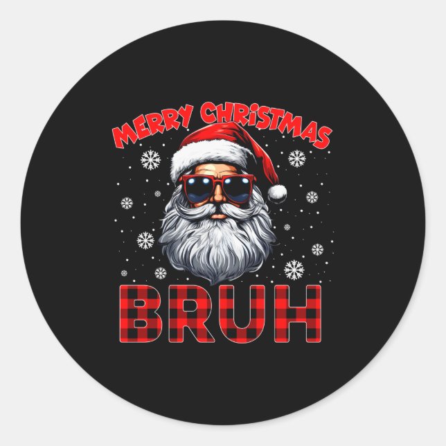 Merry Christmas Bruh Red Plaid Funny Santa Claus M Runder Aufkleber (Vorderseite)