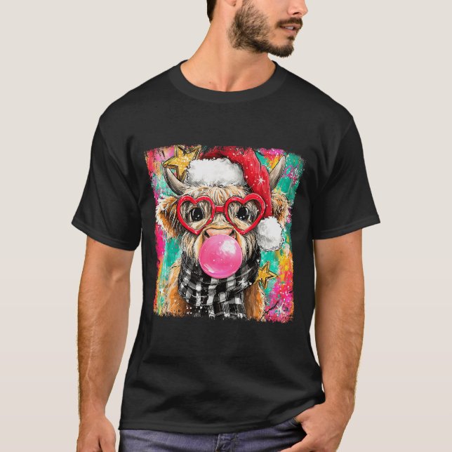 Merry Christmas Bubble Gum Xmas Highland Cow Heife T-Shirt (Vorderseite)