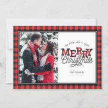 MERRY Christmas Buffalo Kariert Border Foto Card