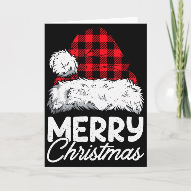 Merry Christmas Buffalo Plaid Red Santa Hat Xmas P Karte (Vorderseite)