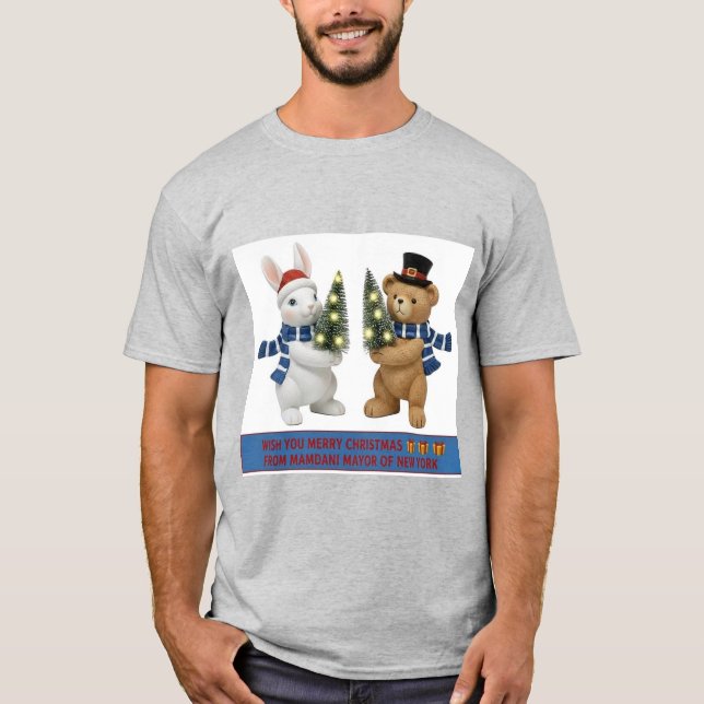 Merry Christmas Bunny and Bear Holding Trees T-Shi T-Shirt (Vorderseite)