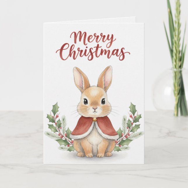 Merry Christmas Bunny Card Cute Rabbit in Red Cape Karte (Vorderseite)