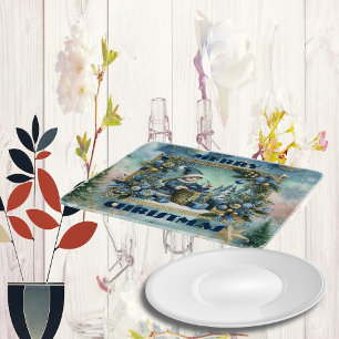 Merry Christmas Calligraphy Blue Elf Golden Decor Schneidebrett