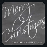 Merry Christmas Calligraphy Chalkboard Custom Quadratischer Aufkleber<br><div class="desc">Ein festlicher Frohe Weihnachtsaufkleber mit einem Kalligraphie-Script-Schriftart-Set auf schwarzem Chalkboard-Hintergrund. Der perfekte Aufkleber für Ihre Urlaubspakete und -geschenke. Fügen Sie Ihren Namen zu anpassen.</div>