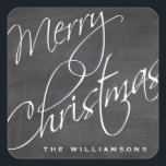 Merry Christmas Calligraphy Chalkboard Custom Quadratischer Aufkleber<br><div class="desc">Ein festlicher Frohe Weihnachtsaufkleber mit einem Kalligraphie-Script-Schriftart-Set auf schwarzem Chalkboard-Hintergrund. Der perfekte Aufkleber für Ihre Urlaubspakete und -geschenke. Fügen Sie Ihren Namen zu anpassen.</div>