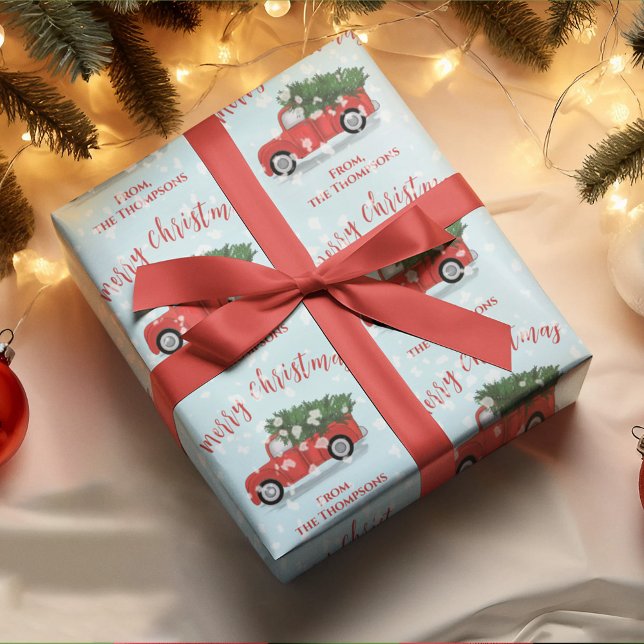Merry Christmas Calligraphy Cute Rustic Red Truck Geschenkpapier (Merry Christmas cute red calligraphy script rustic red truck wrapping paper. )