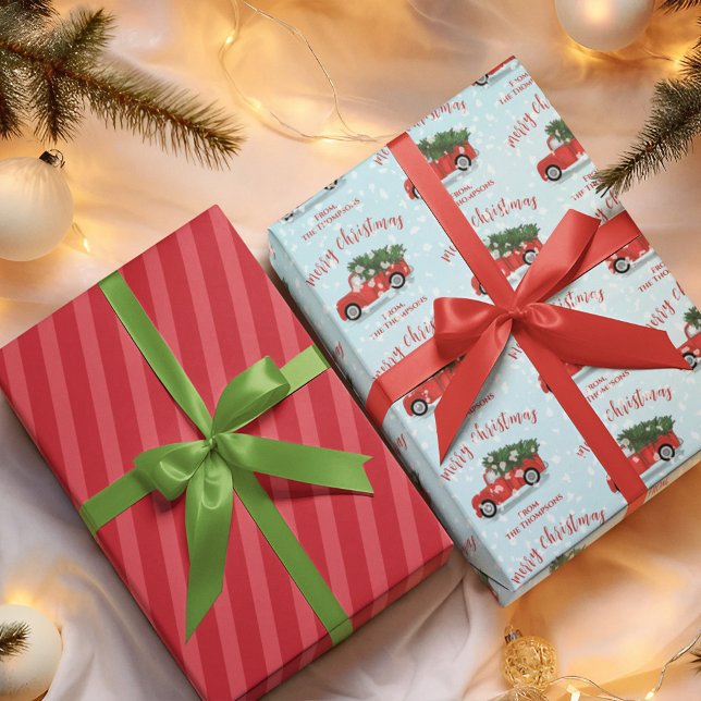 Merry Christmas Calligraphy Cute Rustic Red Truck Geschenkpapier Set (Merry Christmas red truck calligraphy script wrapping paper sheets. )