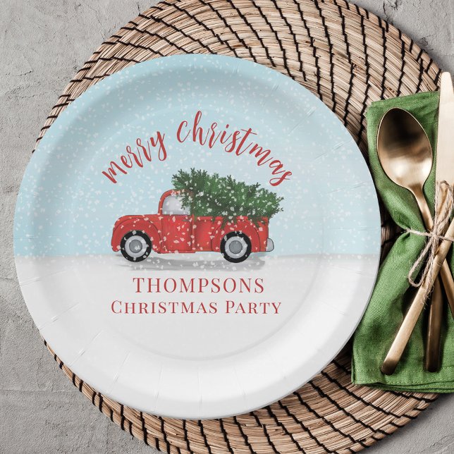 Merry Christmas Calligraphy Cute Rustic Red Truck Pappteller (Cute whimsical Christmas tree and rustic red truck winter scene paper plate. )