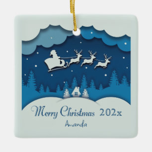 Merry Christmas Calligraphy Santa Sleigh Reindeer Keramikornament